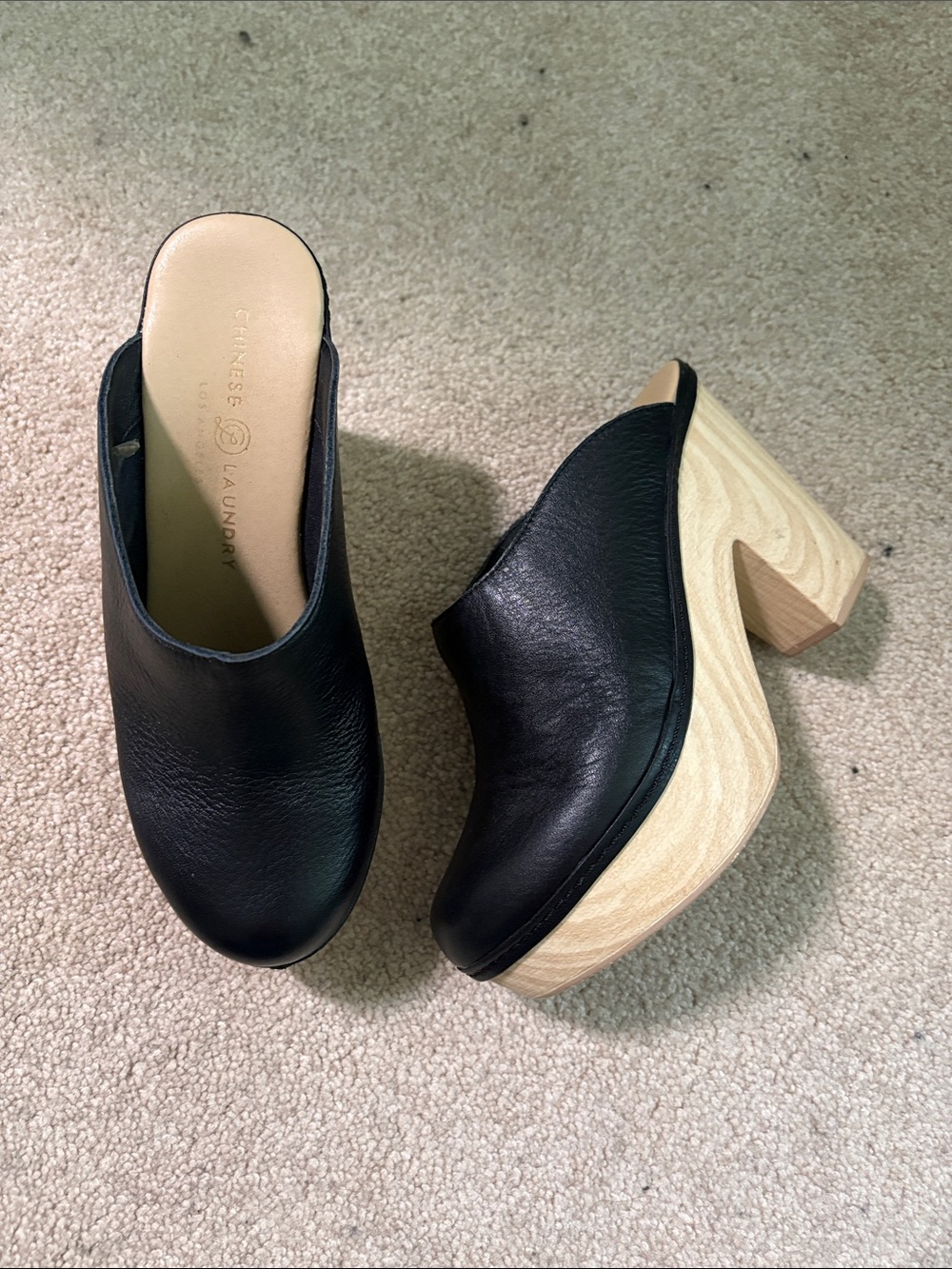 Chinese Laundry Black Leather Clog Mules with Light Wood-Effect Heel